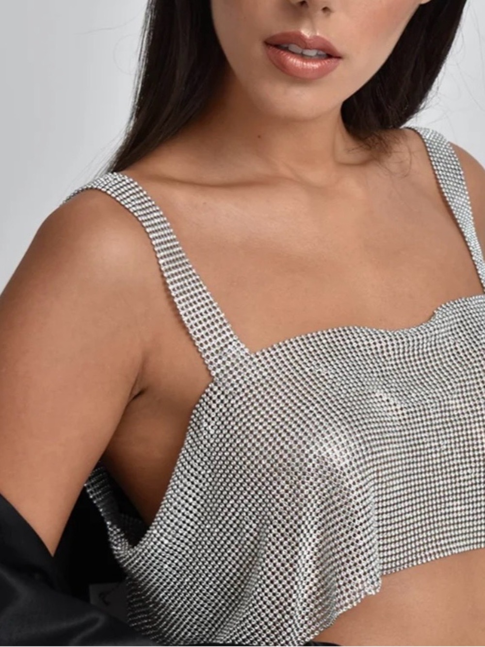 Rhinestone Mesh Crop Top with Straps - Silver